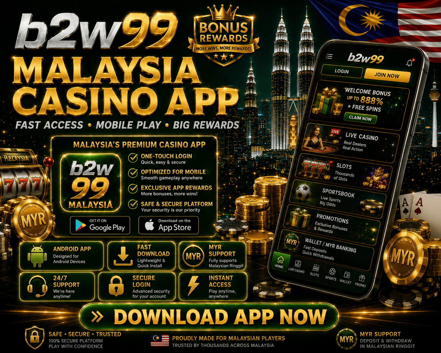 B2W99 - visual utama aplikasi mudah alih Adegan aplikasi mudah alih B2W99 dengan telefon Android, syiling, dan elemen antara muka permainan