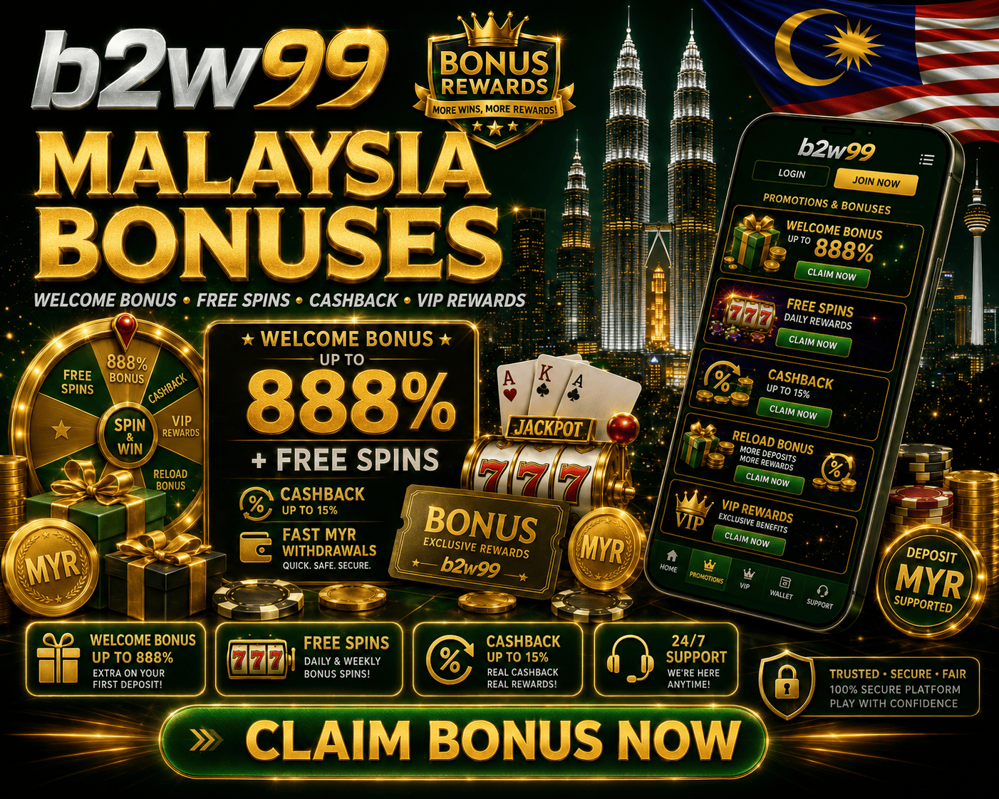 B2W99 - ganjaran bonus dan tawaran alu-aluan Adegan bonus B2W99 dengan kotak hadiah, syiling, dan visual tawaran promosi
