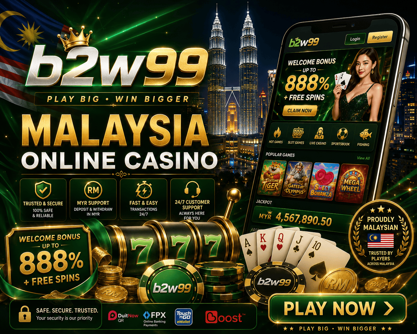 B2W99 - visual utama lobi kasino Lobi kasino B2W99 dengan reel slot, meja permainan, dan navigasi mudah alih